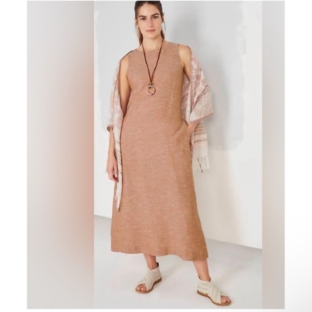 PURE JILL Linen A-Line Maxi Dress Lagenlook Boho Minimal Natural Fiber Sz M NEW